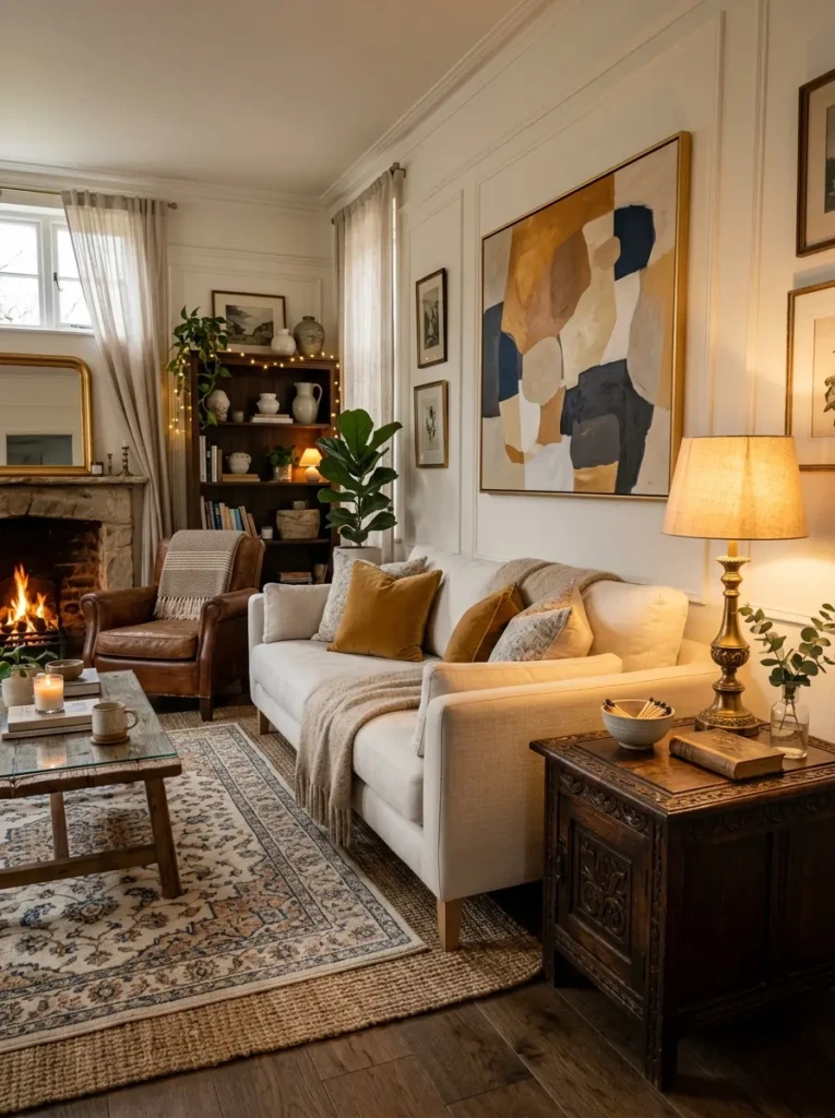 Living room combining modern sofa with vintage wood table and antique lamp for collected style