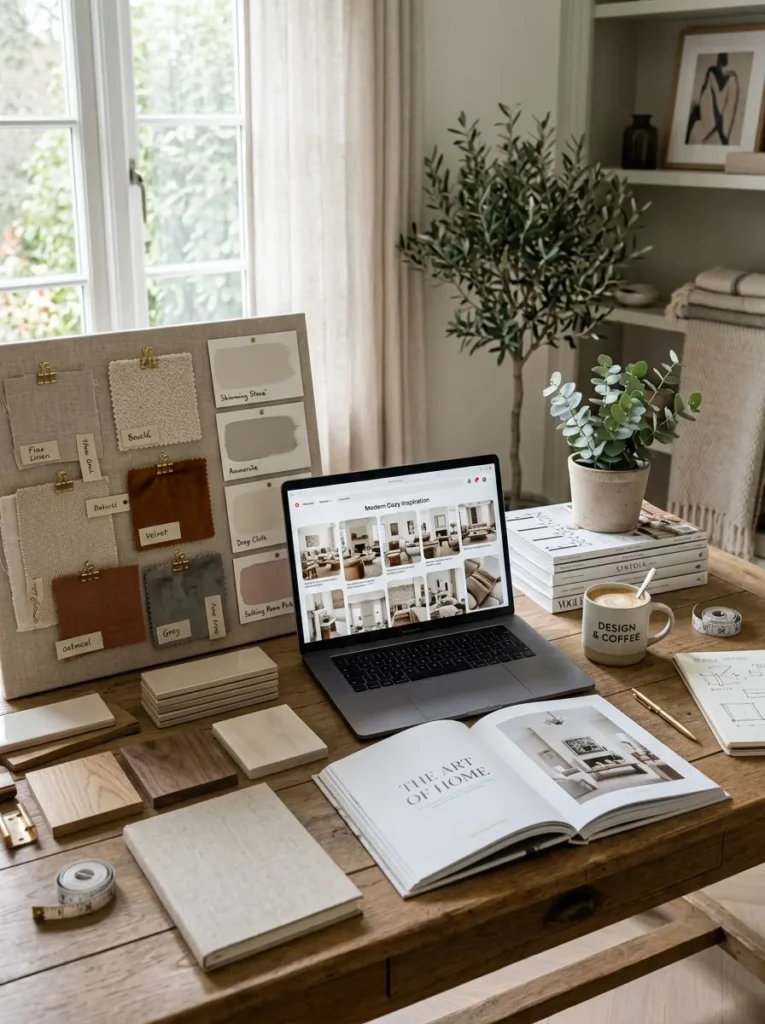 Mood board with fabric swatches, paint cards, and furniture samples used for planning stylish living room decor ideas