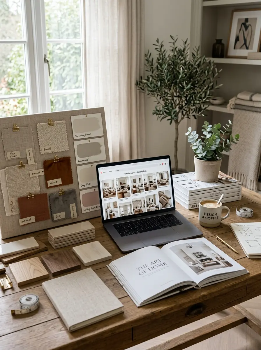 Mood board with fabric swatches, paint cards, and furniture samples used for planning stylish living room decor ideas