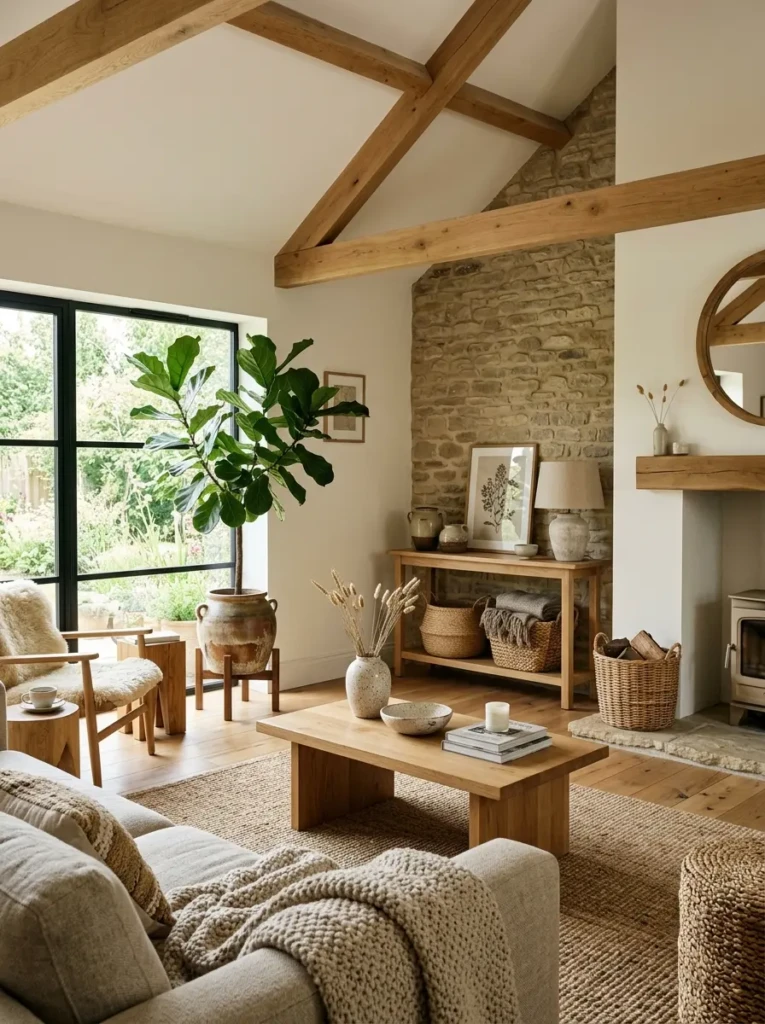 Living room styled with wooden furniture, woven baskets, ceramics, and indoor plants.