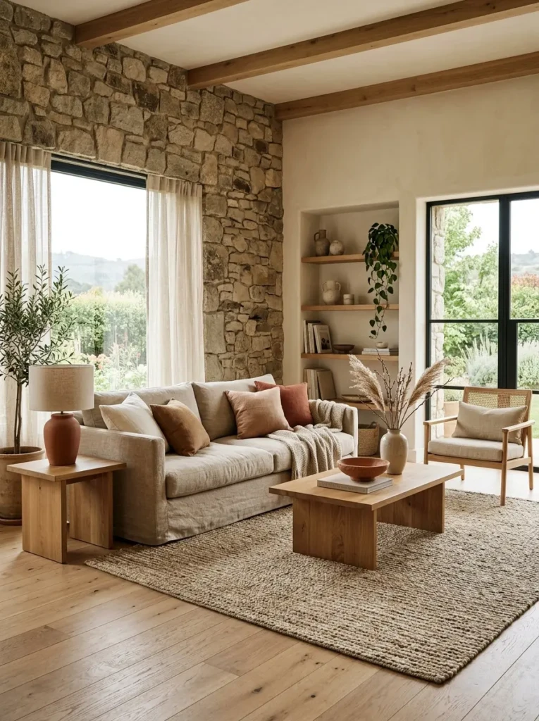 Minimalist living room featuring wood, linen, and stone elements adding warmth and texture