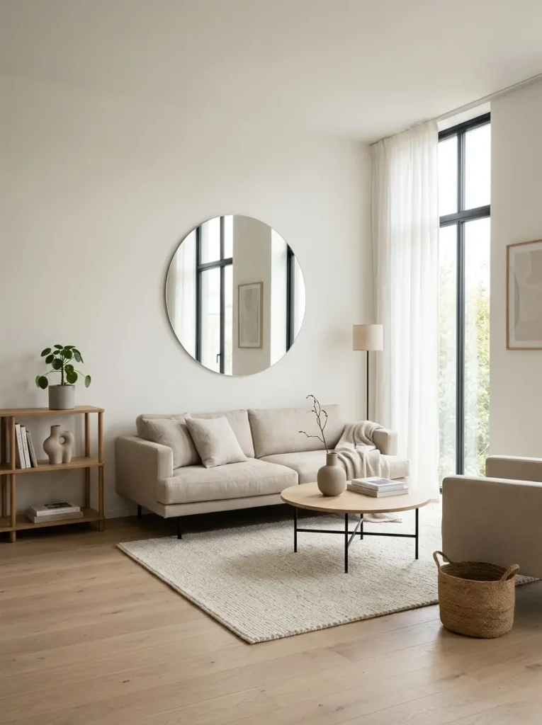 Clean modern living room with frameless mirror and neutral minimalist decor