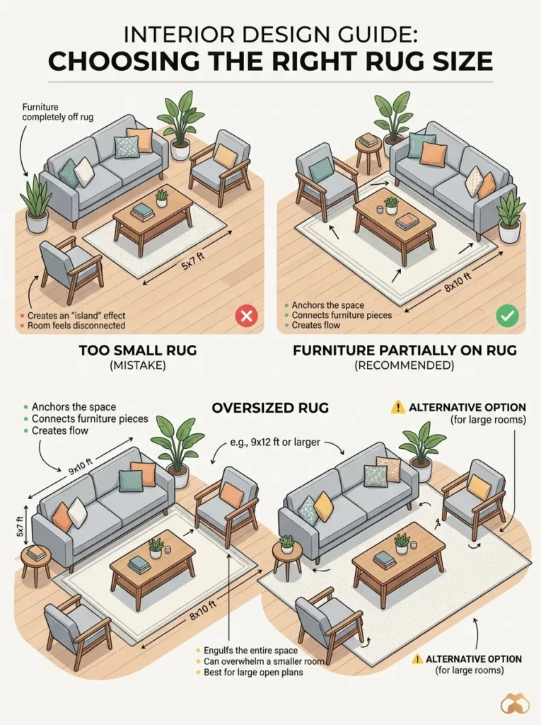 Comparison of living room with and without a rug showing improved cohesion and design balance