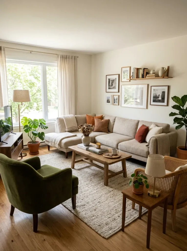 Living room with correctly placed rug under sofa and coffee table for balanced layout