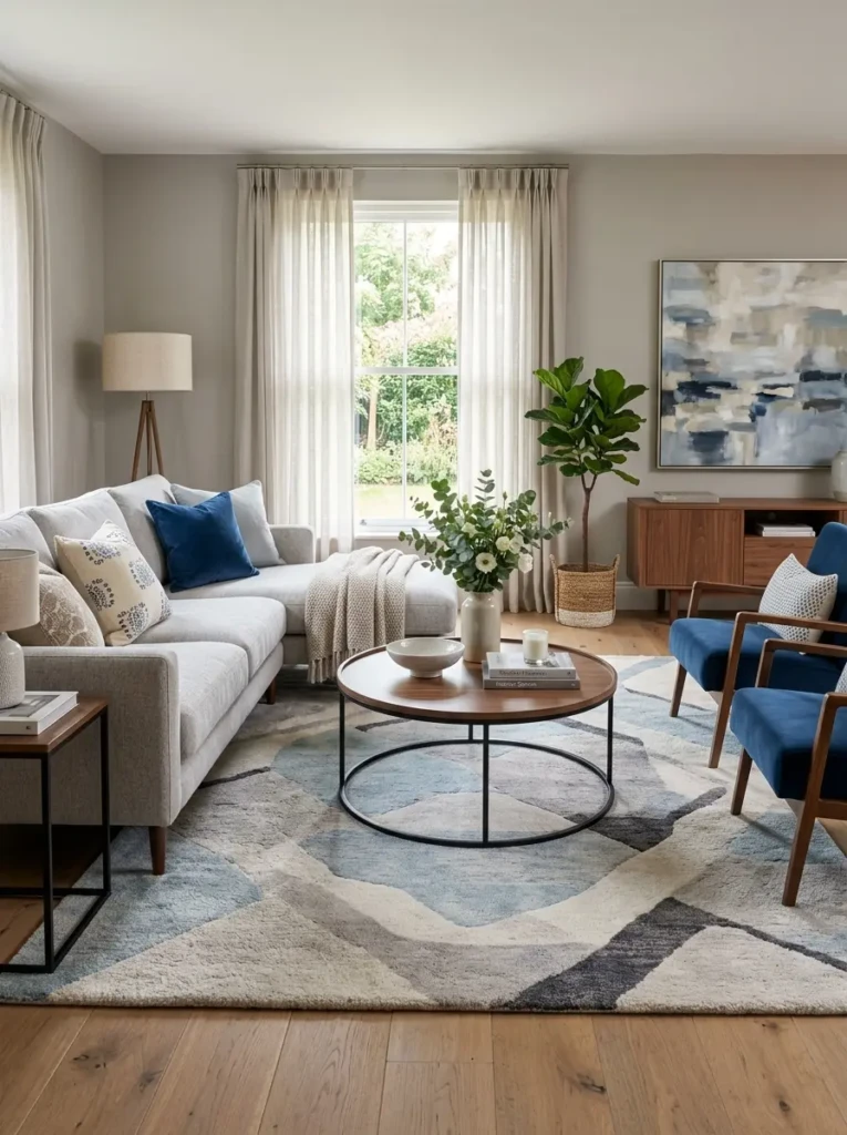 Living room with coordinated rug and furniture colors creating a cohesive design