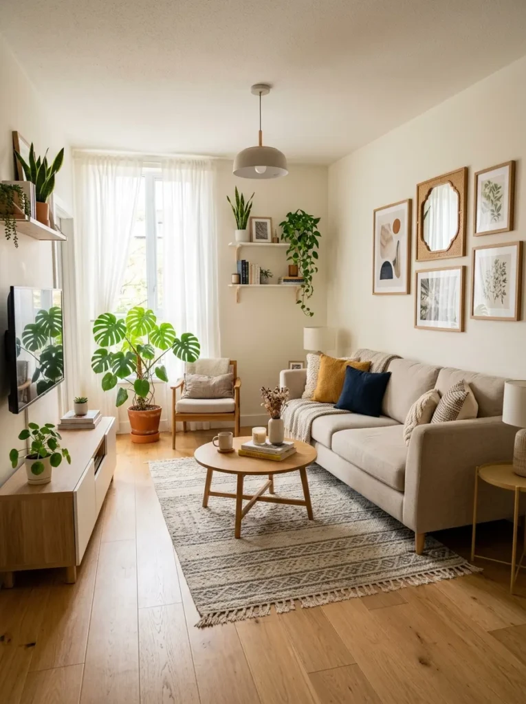 Small living room with smart sofa placement, open walkway, and budget-friendly furniture arrangement.
