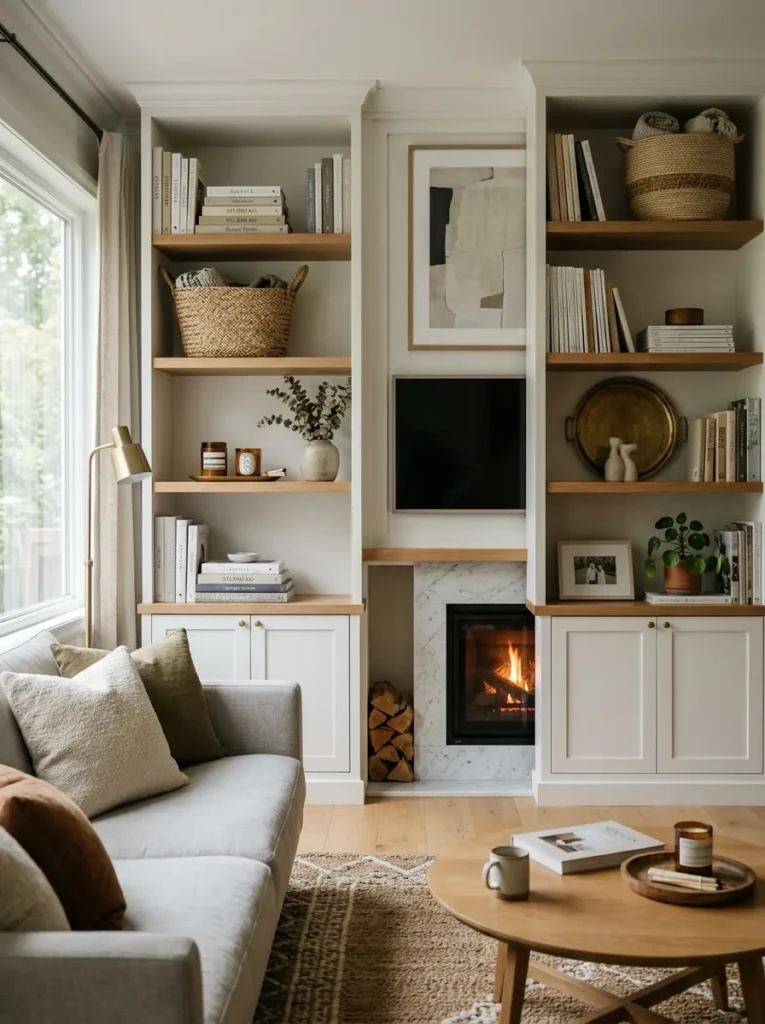 Minimalist living room with oversized vase, sculptural bowl, and clean elegant decor.