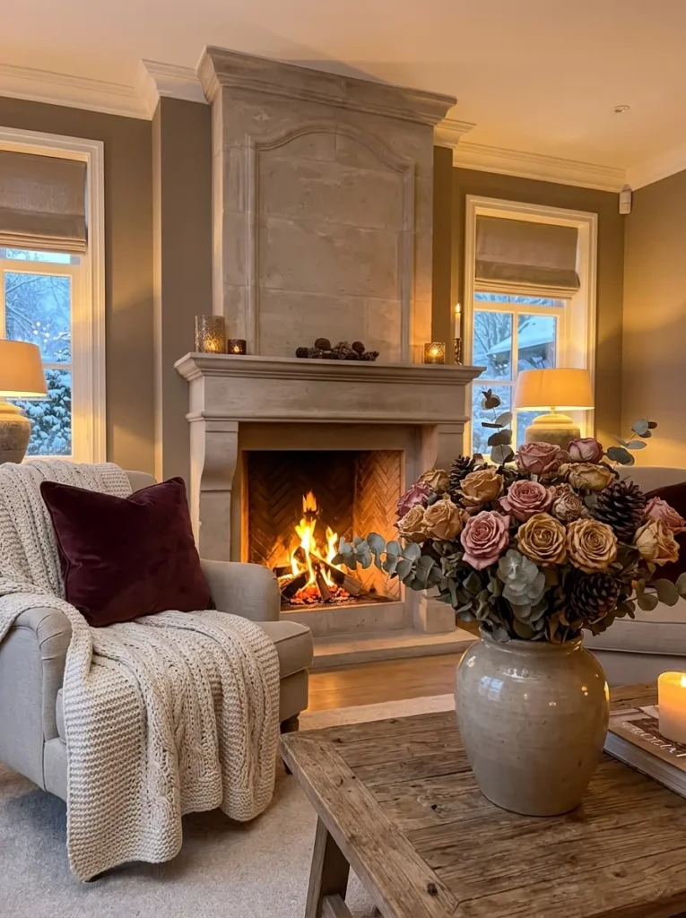 Living room styled with fresh and dried roses reflecting seasonal changes in an elegant setting