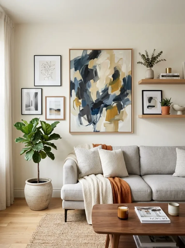 Living room wall with oversized artwork, floating shelves, framed prints, and plant decor.