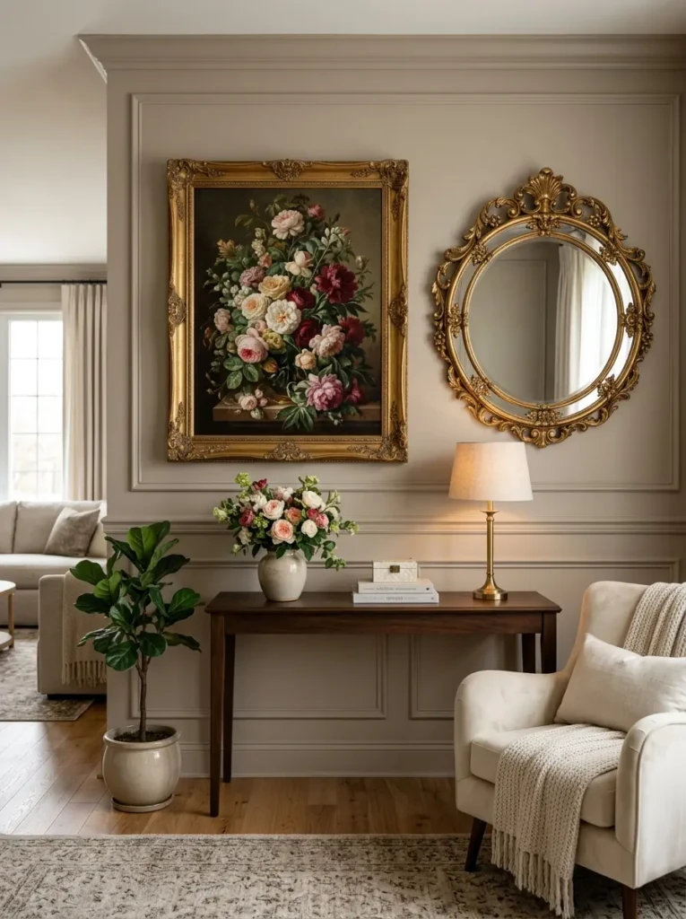 Living room wall featuring rose-inspired artwork and gold-framed mirror in a modern elegant living room
