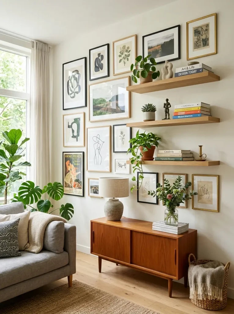 A stylish living room wall featuring framed artwork, shelves, and decorative accents.