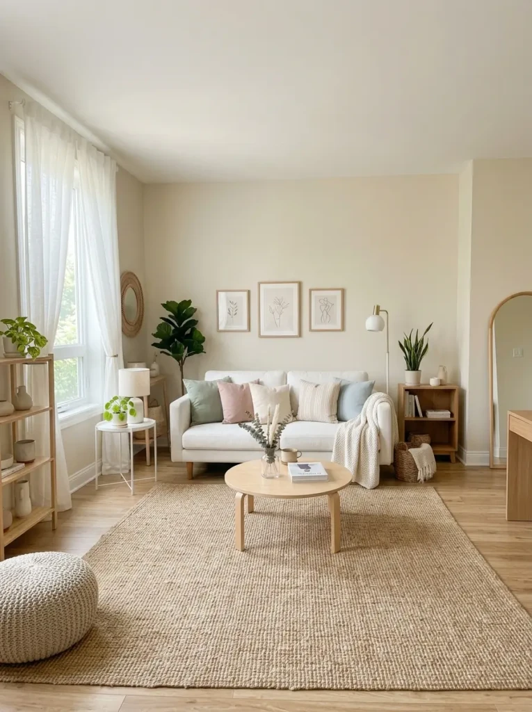 Small living room decor with beige walls, white sofa, pastel cushions, and bright airy curtains.