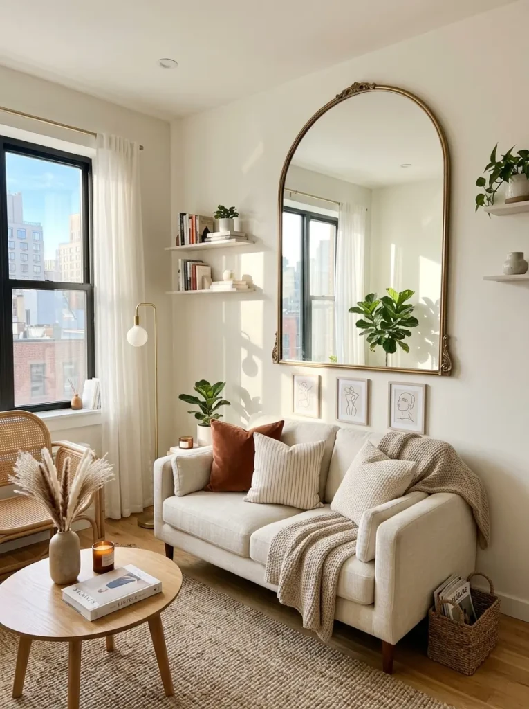 Stylish small living room decor featuring a large mirror that reflects light and makes the room look spacious.