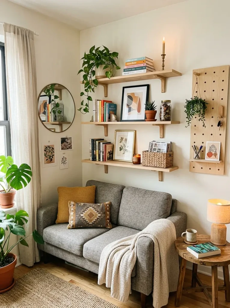 Small living room decor ideas with floating shelves, books, candles, framed art, and indoor plants.