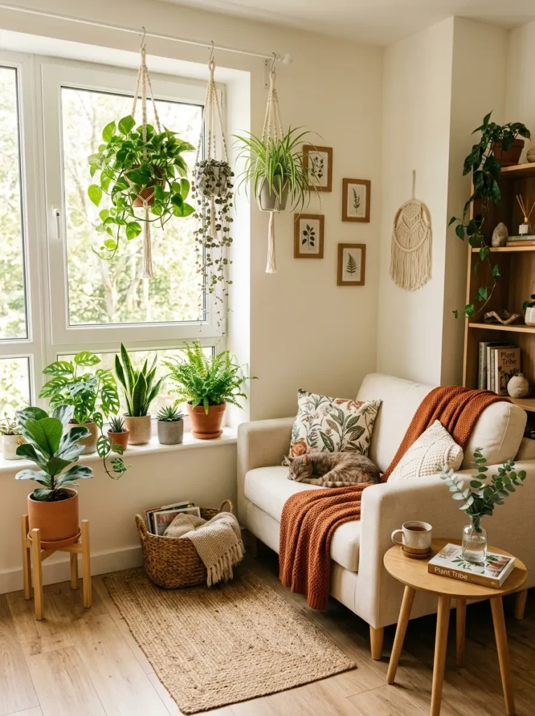 Fresh small living room decor with hanging plants, side table greenery, and bright sunlight.