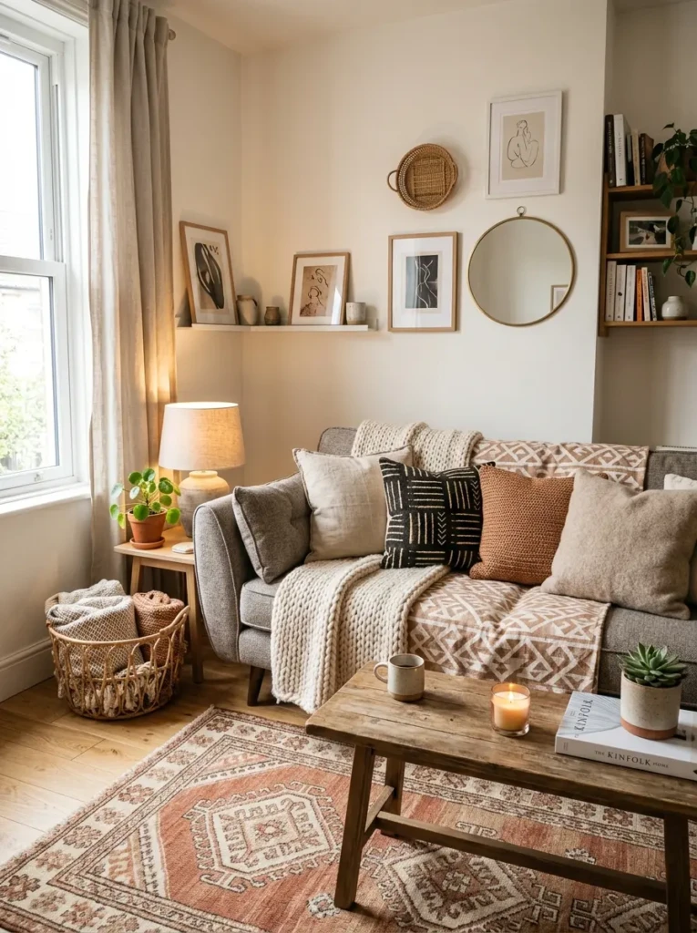 Small living room with layered cushions, textured throws, and a patterned rug for a cozy budget look.