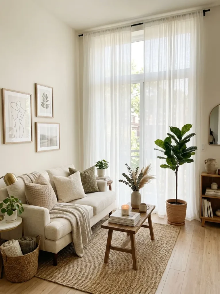 Small living room with floor-to-ceiling sheer curtains creating a taller and airy room appearance.