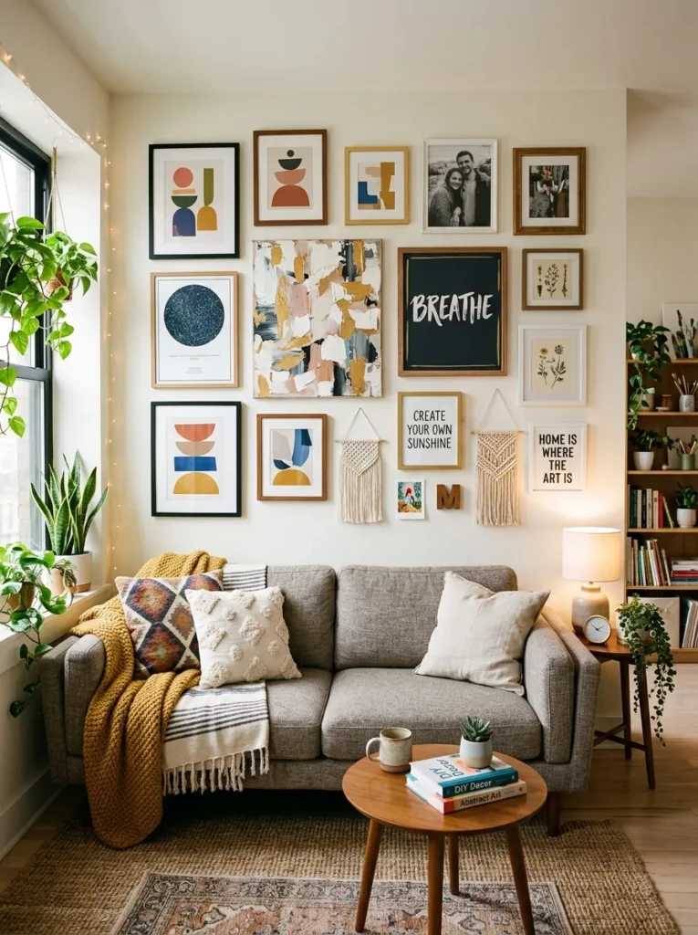 Small living room with affordable DIY gallery wall featuring abstract prints and handmade artwork.