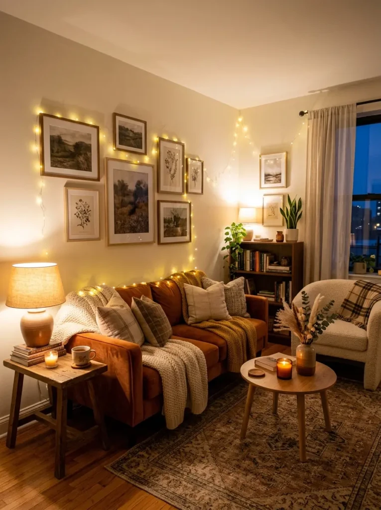 Small living room with warm table lamps, ambient lighting, and cozy evening atmosphere.