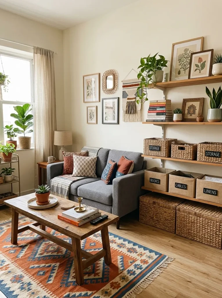 Small living room decor indian style with woven baskets, hidden storage, and tidy organized shelves.