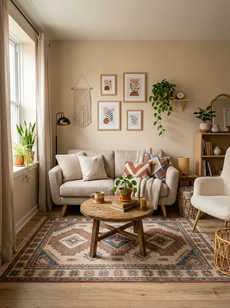 Small living room with patterned rug under sofa and coffee table defining the seating area beautifully.
