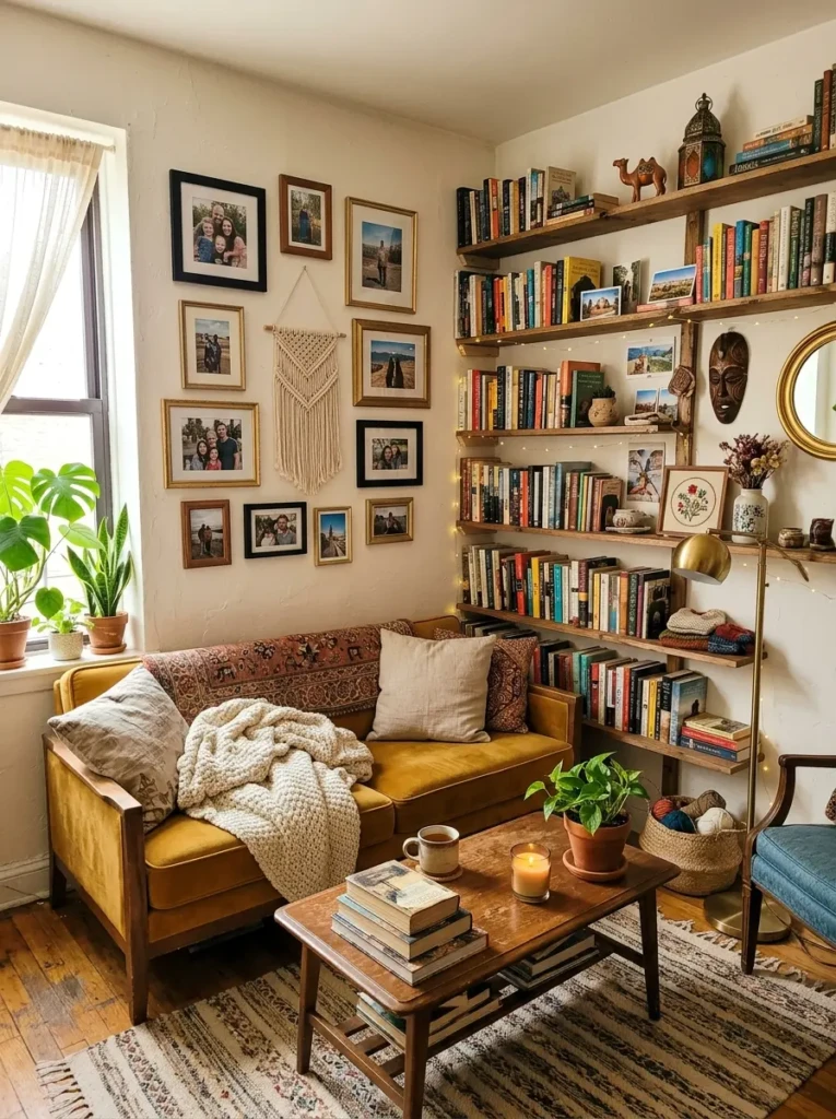 Small living room with family photos, books, handmade crafts, and personalized cozy styling.