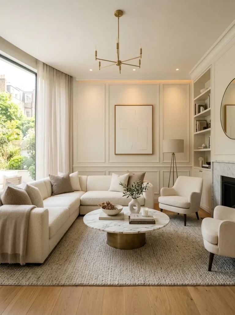 elegant living room decor modern with cream sofa, marble coffee table, soft lighting, and timeless neutral styling