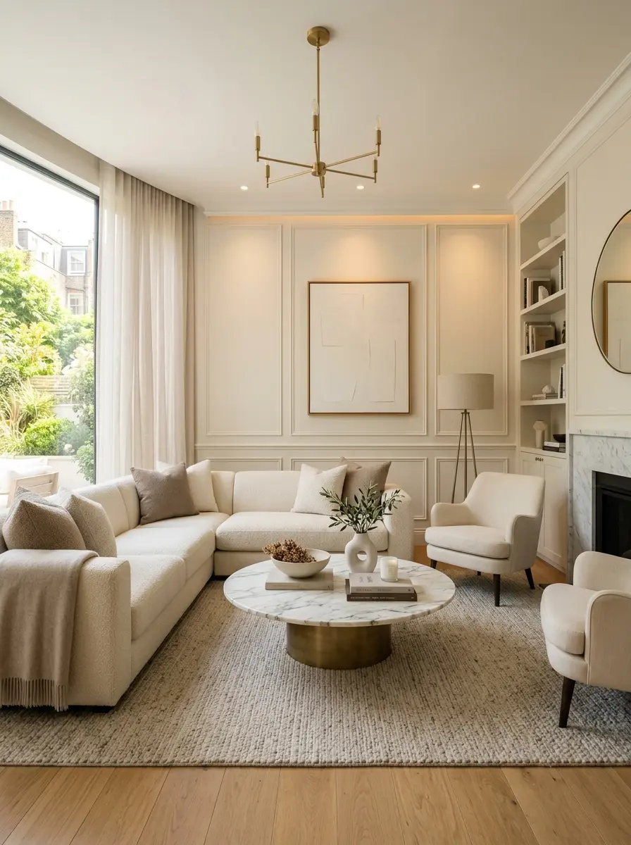 elegant living room decor modern with cream sofa, marble coffee table, soft lighting, and timeless neutral styling