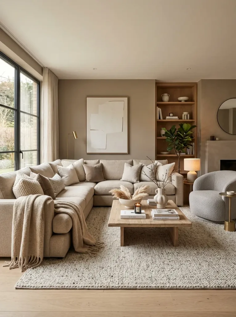 elegant living room with beige, ivory, taupe, and gray palette featuring layered neutral textures and cozy styling