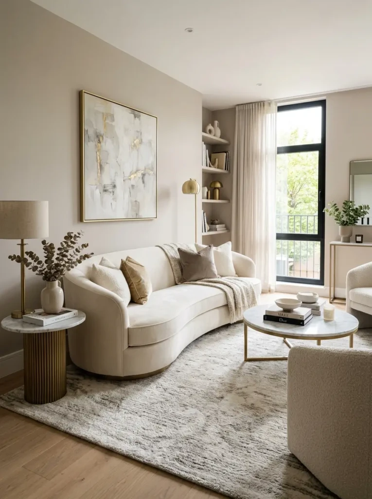 modern elegant living room featuring a curved cream statement sofa with sleek lines and luxurious cushions