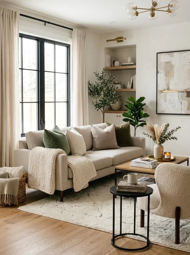 elegant living room with velvet pillows, boucle chair, knit throw, plush rug, and premium layered fabrics