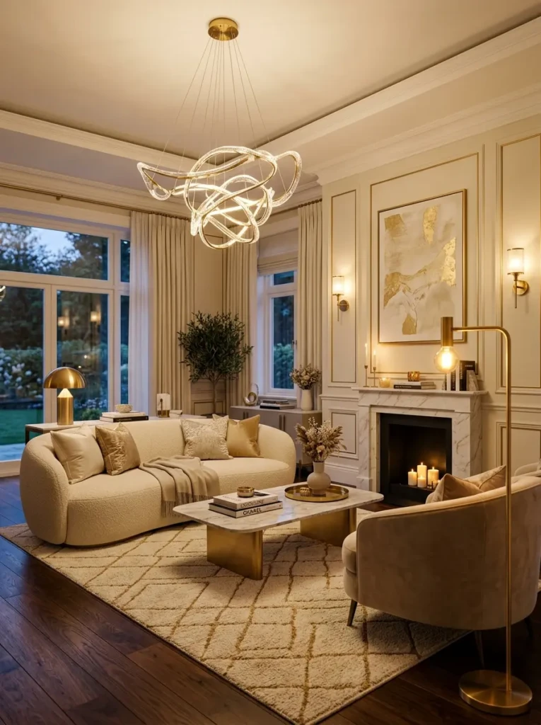 elegant living room decor with sculptural chandelier, warm lighting, and sophisticated modern accents