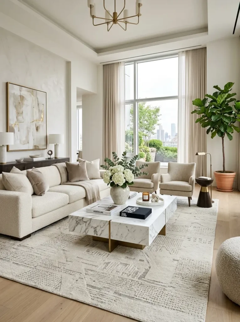 modern elegant living room with oversized neutral rug, cream sofa, and marble coffee table