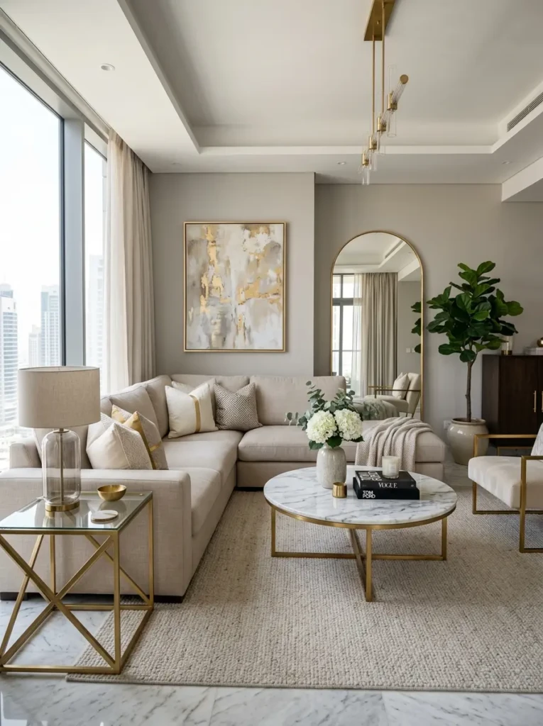 elegant living room decor featuring marble coffee table, glass side tables, and metallic accents