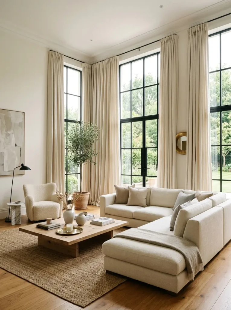 elegant living room with tall linen curtains, soft daylight, and refined neutral decor styling