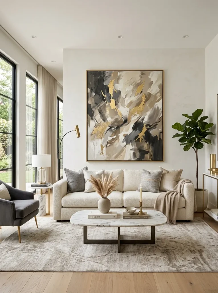 elegant living room featuring oversized abstract wall art and refined modern furniture styling