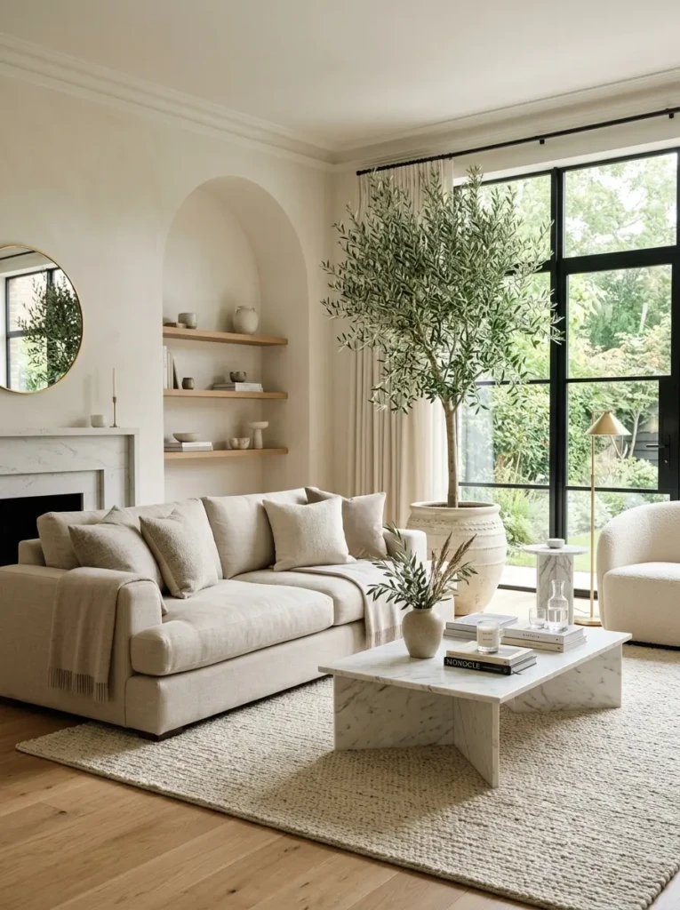 modern elegant living room with olive tree, ceramic planter, marble accents, and airy natural light