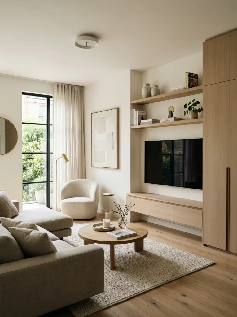 elegant living room with sleek built-in cabinets, floating shelves, and clutter-free modern styling