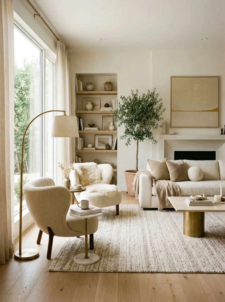 elegant living room with boucle accent chairs, side table, lamp, and cozy seating corner