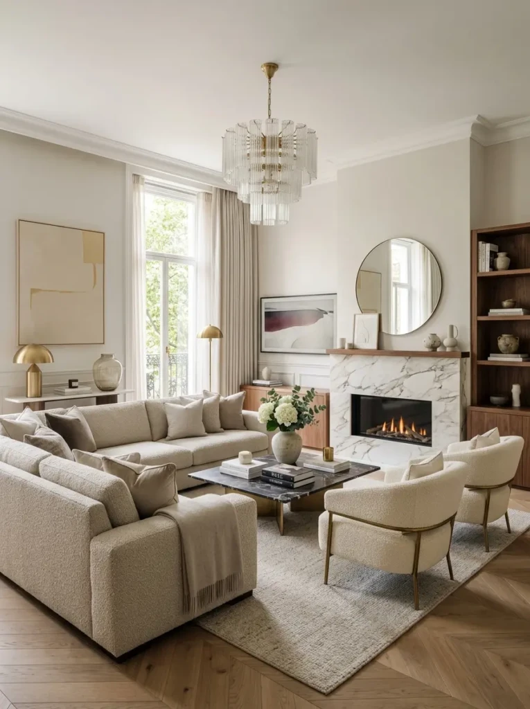 finished modern elegant living room with cohesive neutral palette, marble accents, textures, and luxury decor