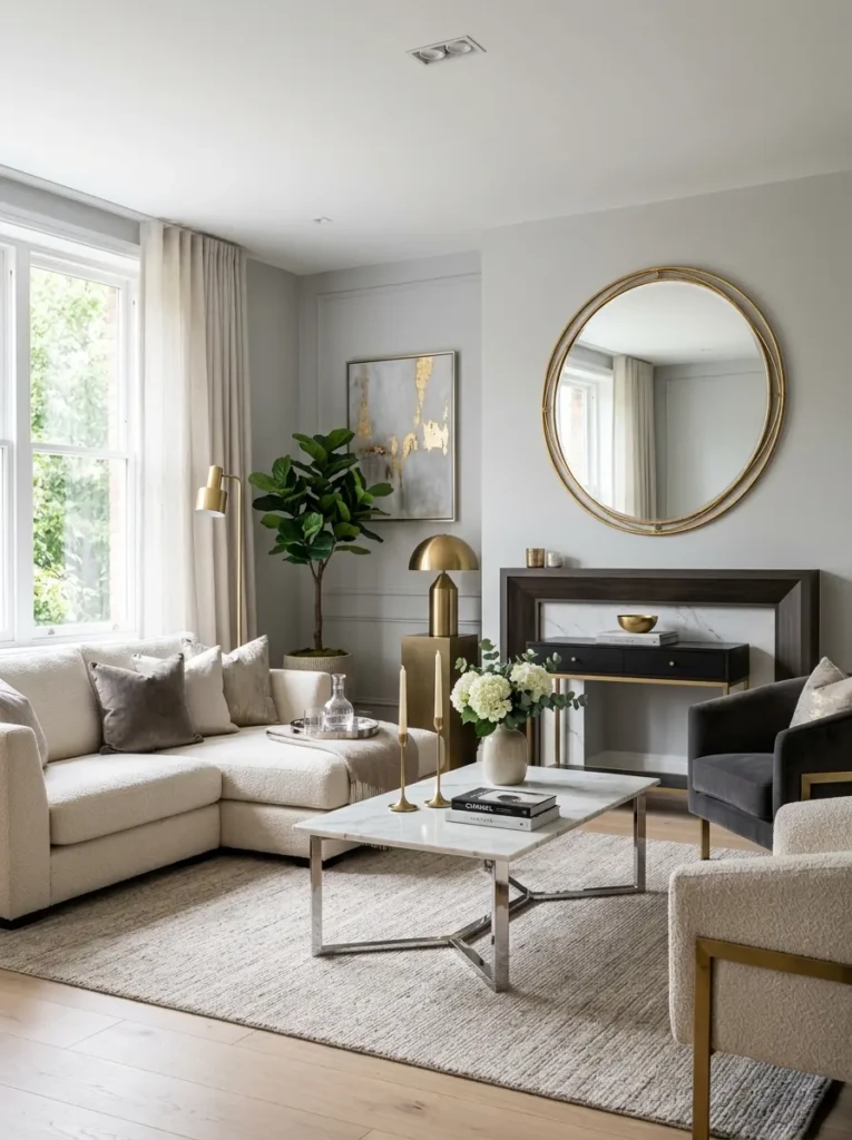modern elegant living room with gold mirror, brass decor, chrome table details, and neutral sofa