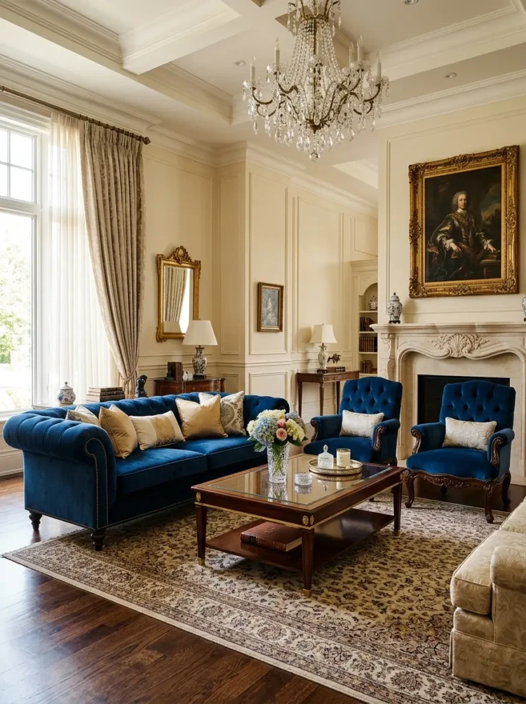 Tufted velvet sofa and matching chairs in a luxurious formal living room.