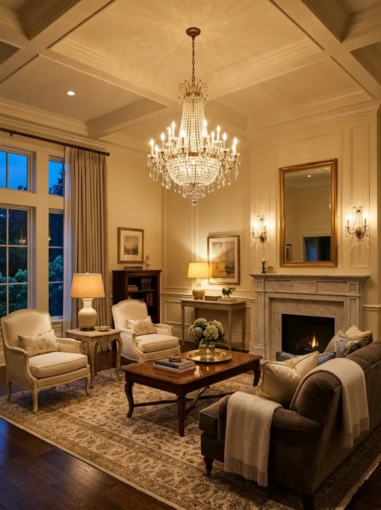 Elegant formal living room with crystal chandelier, lamps, and warm layered lighting.