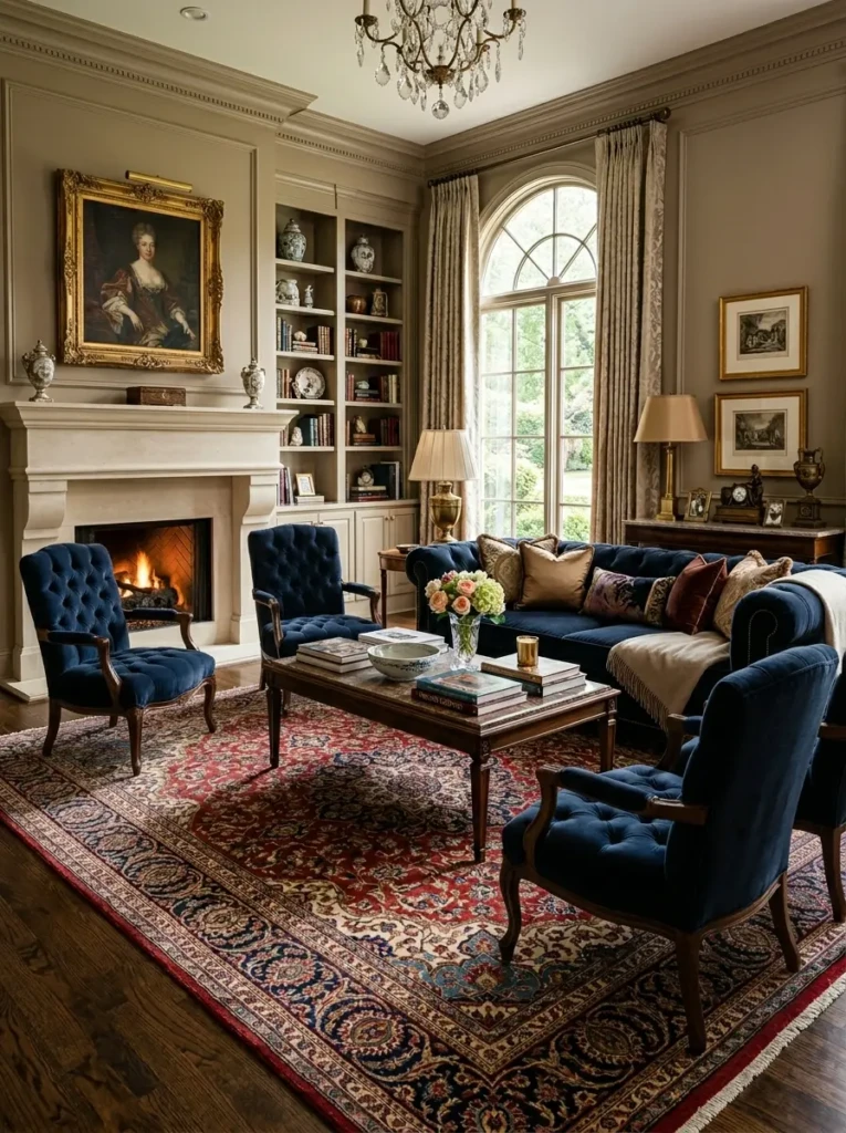 Formal living room with large Persian-style rug anchoring the seating arrangement.