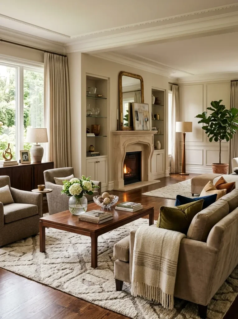 Formal living room with velvet pillows, soft rug, and polished wood furniture.