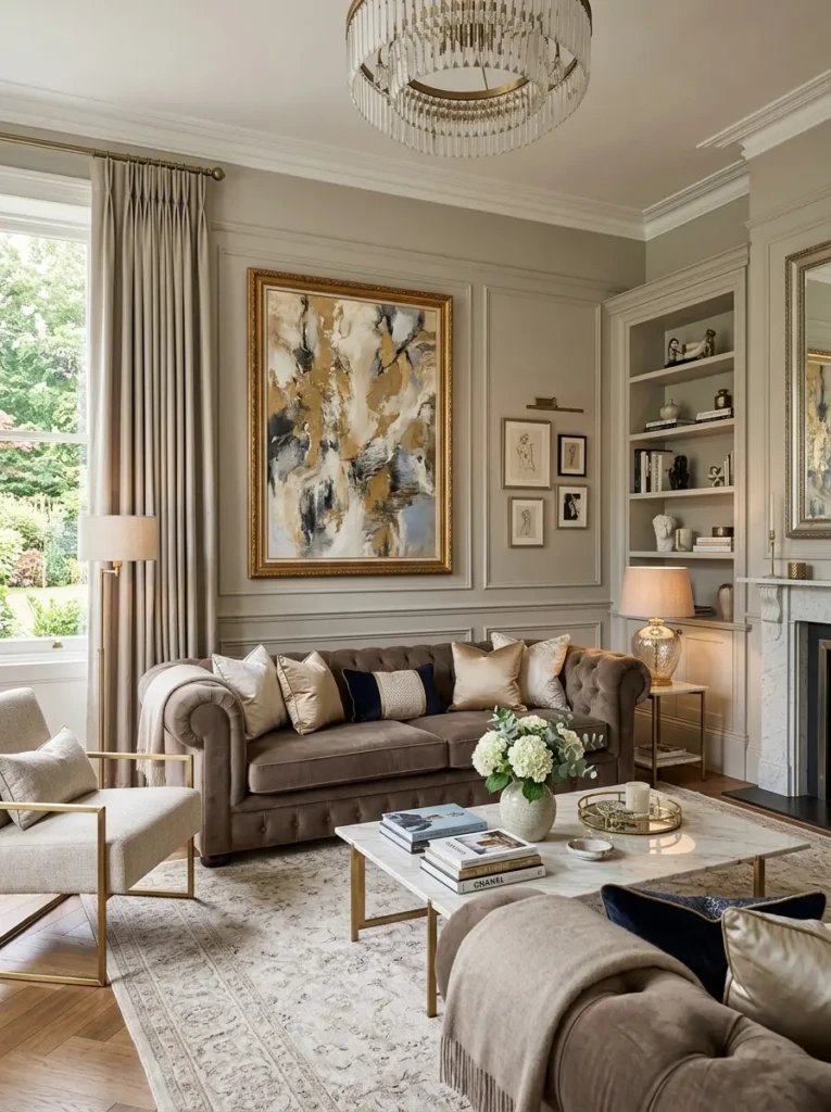 Formal living room with oversized framed artwork above a luxurious sofa.