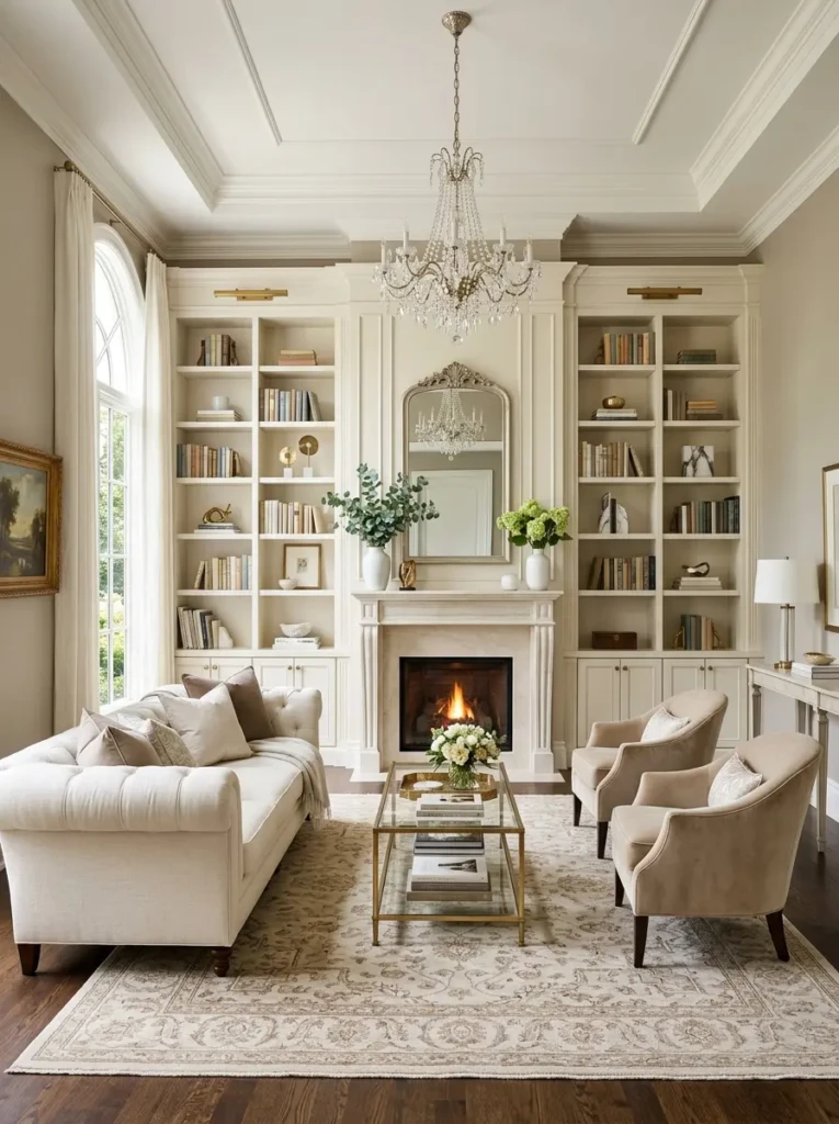 Elegant formal living room with custom bookshelves and neatly styled decor.