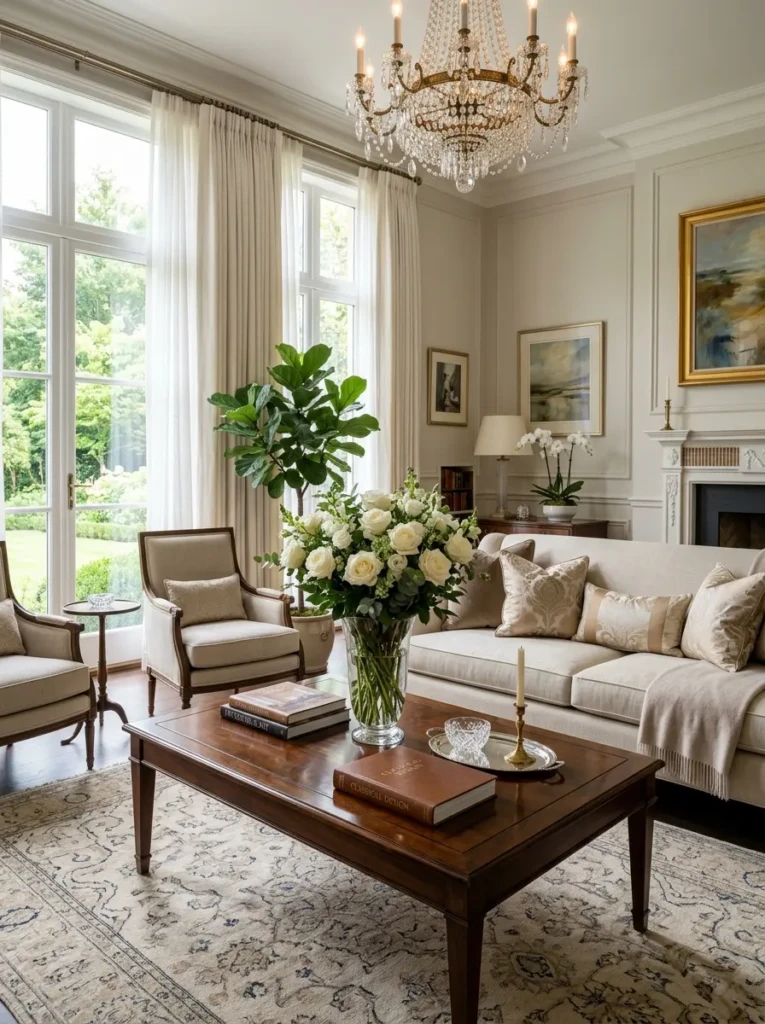 Formal living room with white roses centerpiece on coffee table and neutral decor.