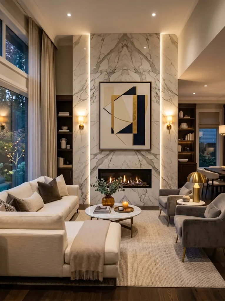 Elegant living room arranged around a marble fireplace focal point with balanced seating and warm lighting