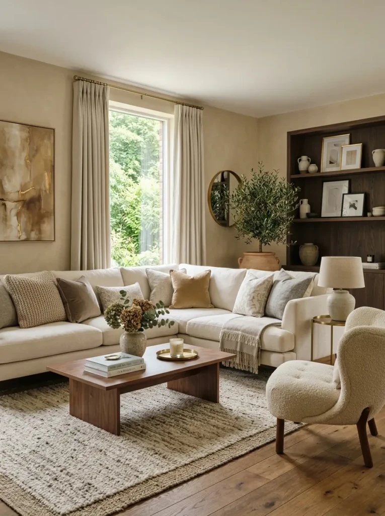 Neutral beige living room with ivory sofa and soft elegant styling that creates a timeless color foundation